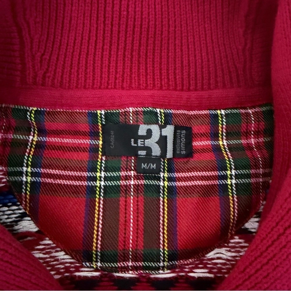 LE 31 SIMONS Red Fair Isle Shawl Collar Cotton Cardigan m - Picture 8 of 13